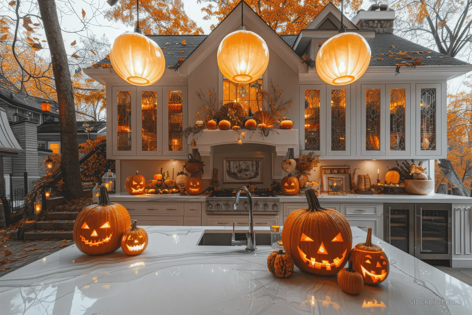 Halloween house porch at night with glowing jack-o'-lanterns, orange lanterns, and fall yard pumpkins.