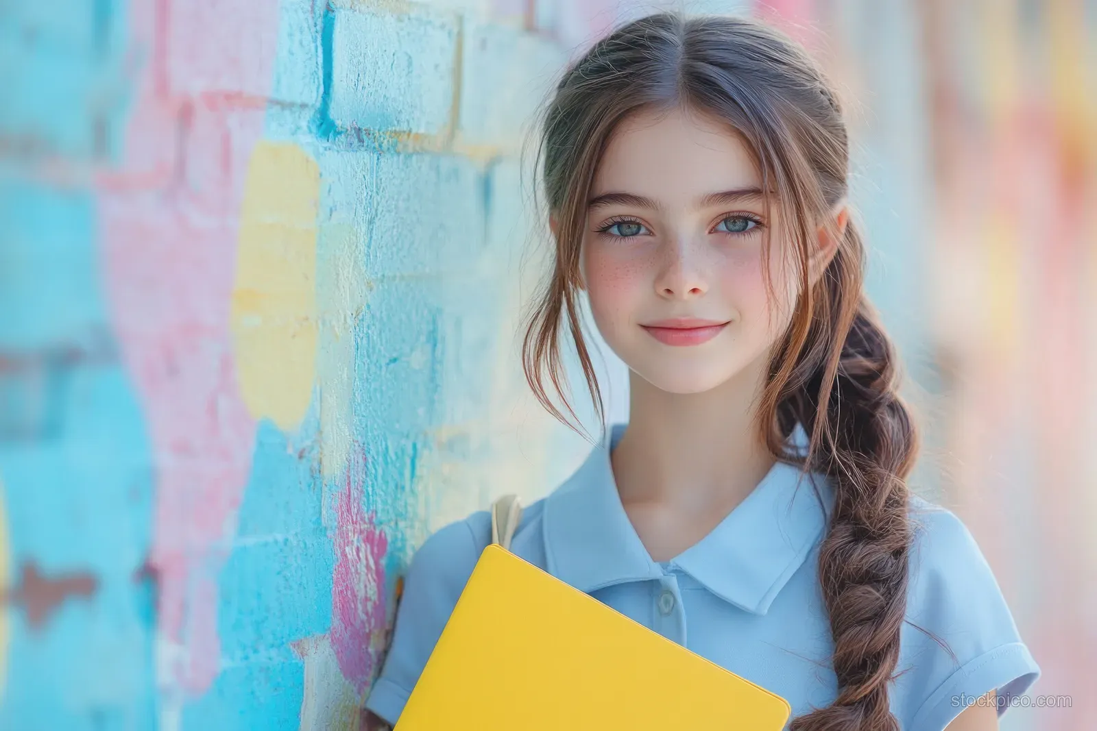 Cheerful schoolgirl in light-blue uniform holding a yellow folder and pen near a pastel wall mural.