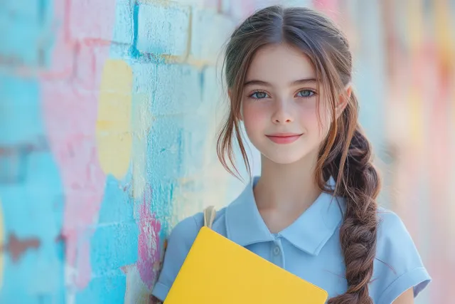 Happy schoolgirl in light-blue uniform holding a yellow folder and pen