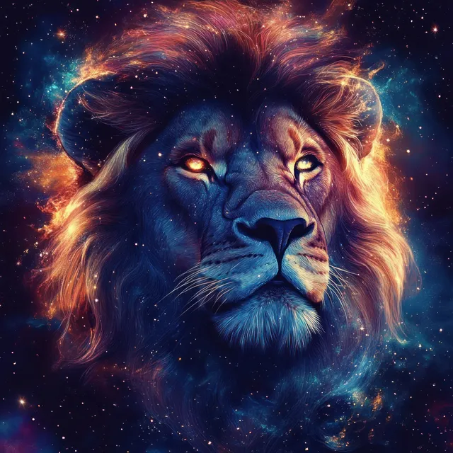 A glowing lion head with a fiery mane faces forward against a swirling star-filled cosmic background.