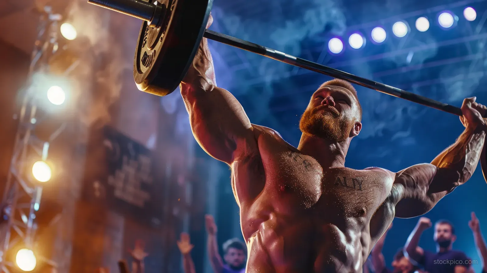 A weightlifter raises a barbell overhead during a competition as a crowd cheers under stadium lights.
