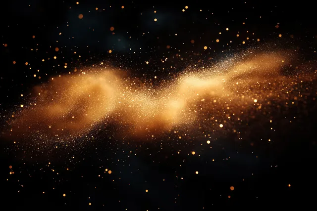 Golden dust particles swirl in darkness, surrounded by sparkling glowing specks.
