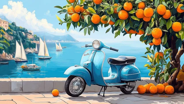 Blue vintage scooter parked near an orange tree with ripe fruit overlooking sailboats and calm seaside cliffs.