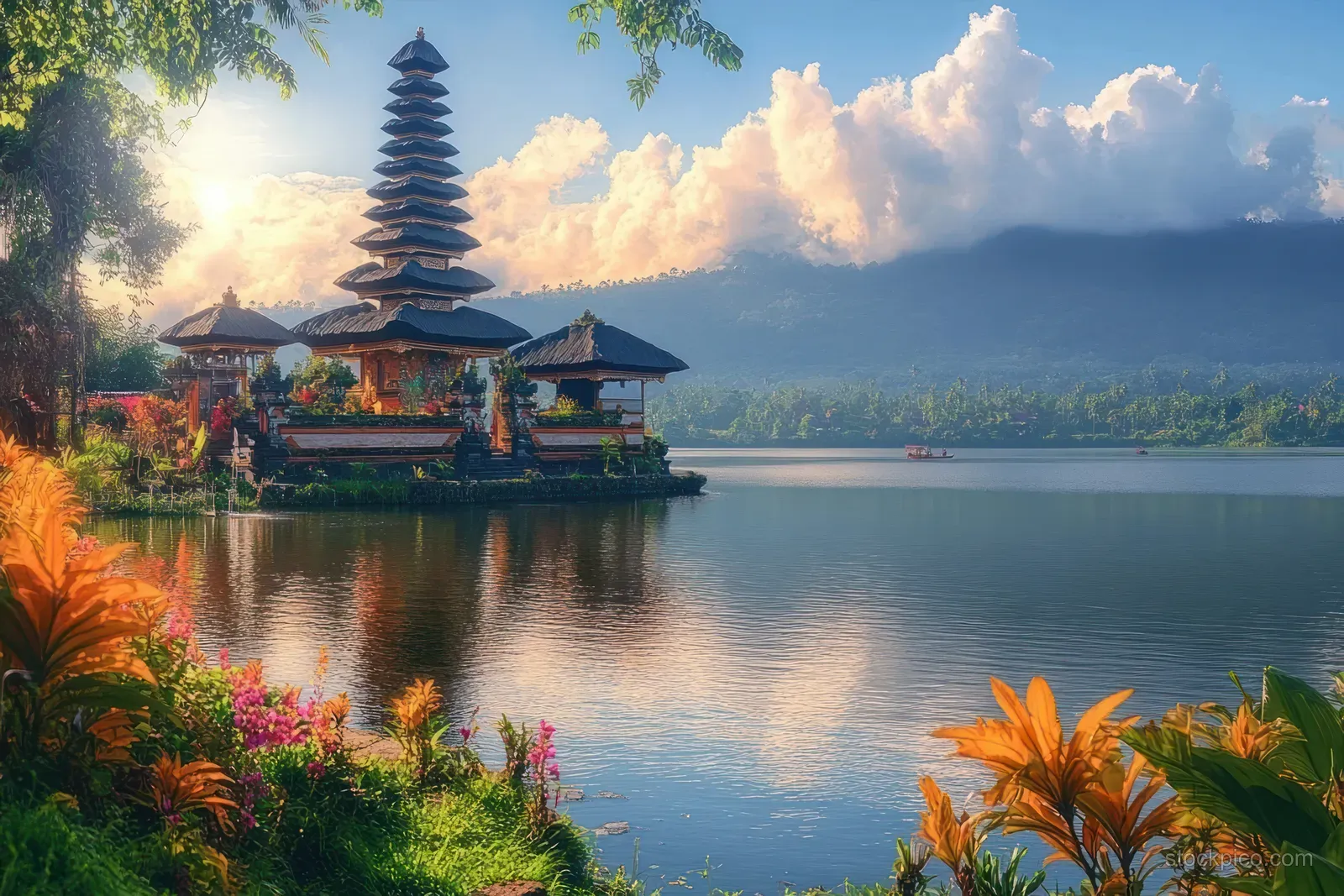 A multi-tier pagoda temple stands by a calm lake with lush greenery, colorful flowers, and cloud reflections.