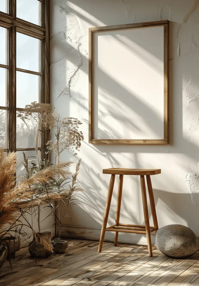 Minimal A4 blank poster frame leaning on floor beside wooden easel in sunlit boho interior