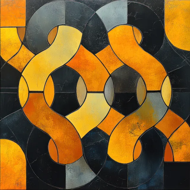 Interlocking geometric abstract pattern in black, yellow, and orange