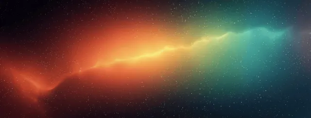 Grainy dark banner background with glowing green, orange, and purple gradient nebula light streaks.