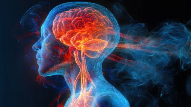 Side profile brain glow with red and orange neural lines surrounded by blue smoke with Medical Imaging Concepts