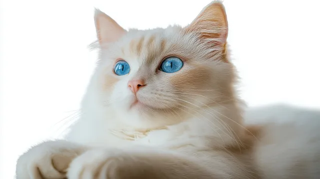Fluffy white cat with bright blue eyes calmly looking to the side against a bright white background.