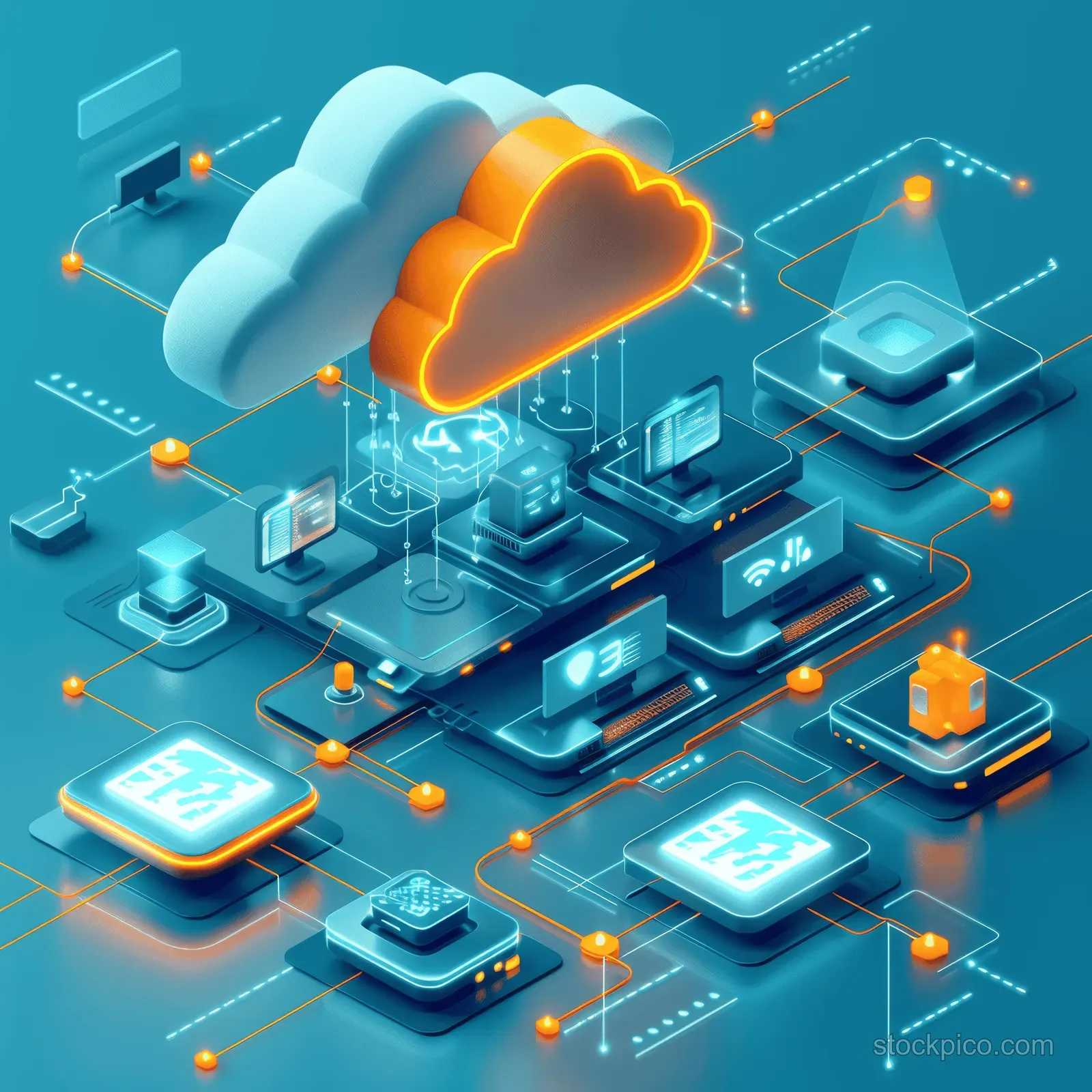 Isometric cloud computing scene with a glowing data center and network lines connecting multiple server nodes on blue.