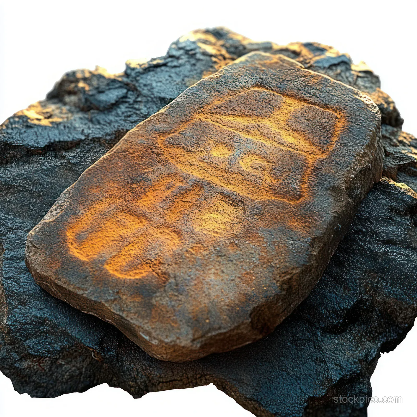 Weathered dark stone slab shows an ancient carved humanoid petroglyph with geometric lines and shapes.