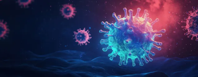 Neon blue and magenta virus-like particles float over dark blue wave patterns.