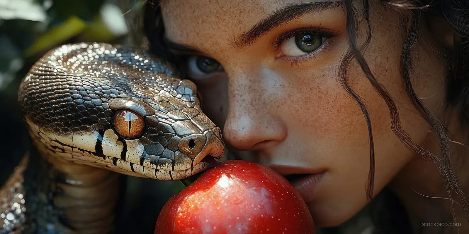 Freckled woman looks toward a large snake touching a shiny red apple in a close-up outdoor scene.