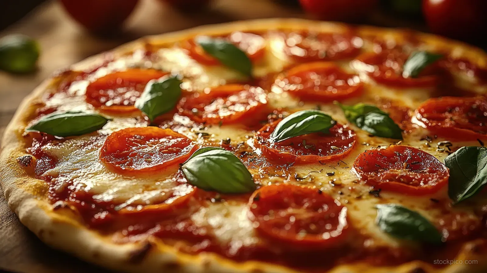 Close-up of oven-baked pizza with tomato slices and basil leaves on a wooden board under warm light.