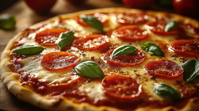 Close-up of oven-baked pizza with tomato slices and basil leaves on a wooden board under warm light.