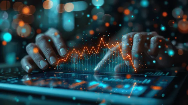 Businessman analyzing virtual growth graphs on a digital finance dashboard screen