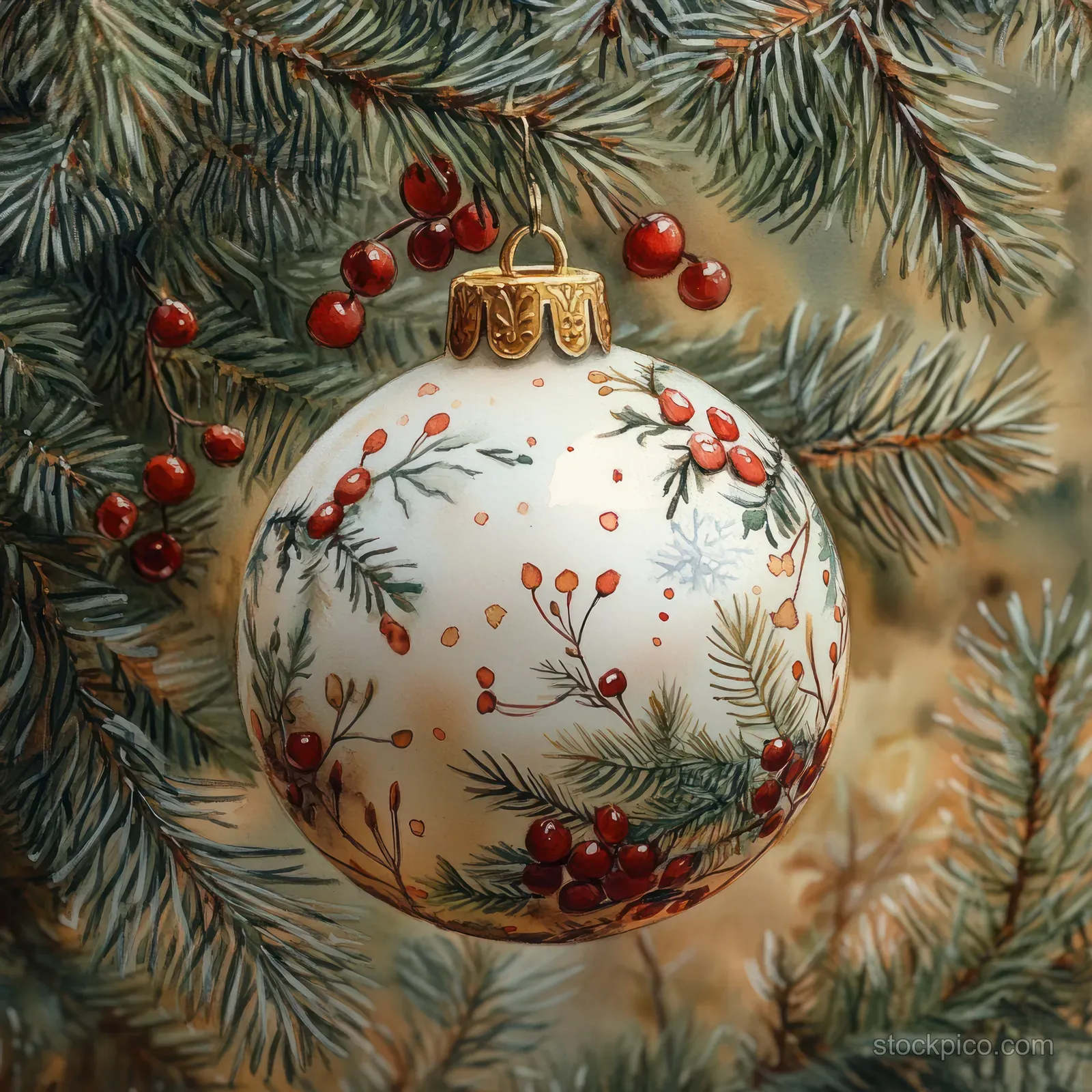 Watercolor Christmas bauble with red bow and berries nestled among pine branches.