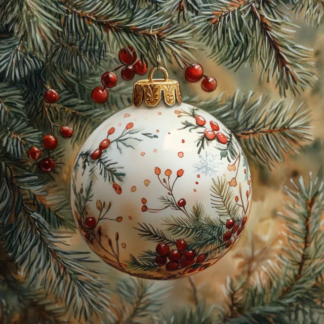 Watercolor Christmas bauble with red bow and berries nestled among pine branches.
