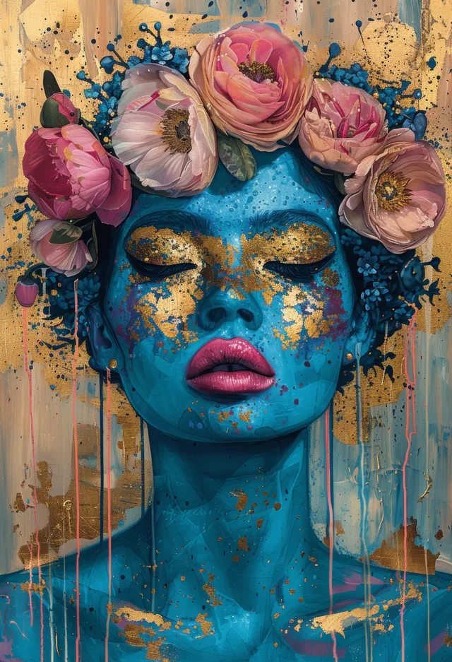 Surreal Woman Portrait with Flowers, Blue Skin, and Gold Glitter