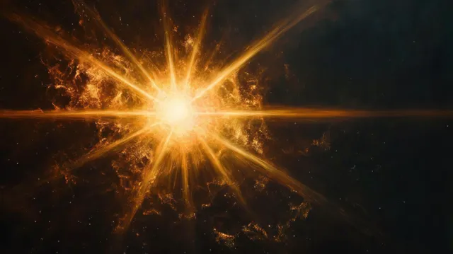 Golden starburst flare radiates long light beams across a dark space background with scattered stars.