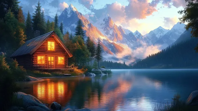 A lit wooden cabin by a twilight lake reflects on the water beneath blue mountain peaks and pine trees.