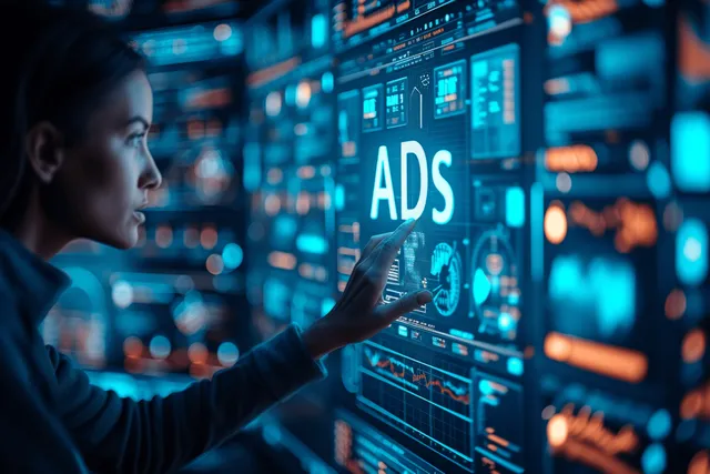 A person points at a bright ADS analytics dashboard displayed across multiple monitors in a dark control room.