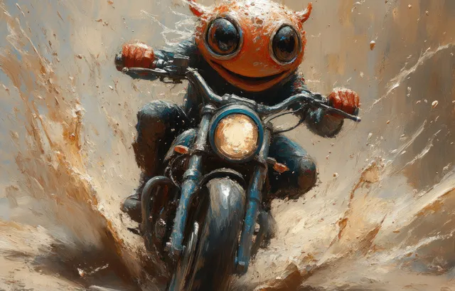 Whimsical furry biker creature rides a motorcycle through dusty tunnel with big expressive eyes