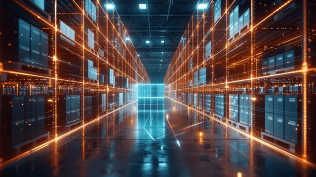 Futuristic warehouse corridor with holographic AR routes and glowing big-data visualization lines between storage racks.