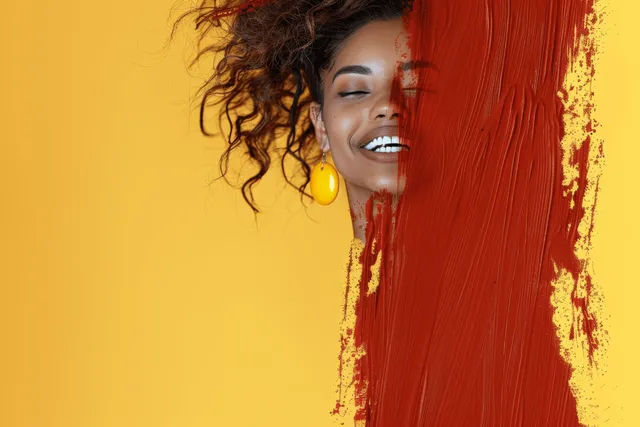 Smiling woman with curly afro hair and yellow earrings peeking beside red fabric on bright background