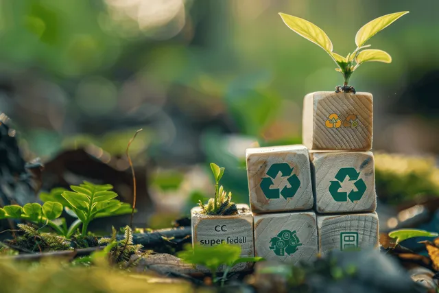 Recycling symbol blocks with a tiny sprout growing on moss in a sunlit forest background.
