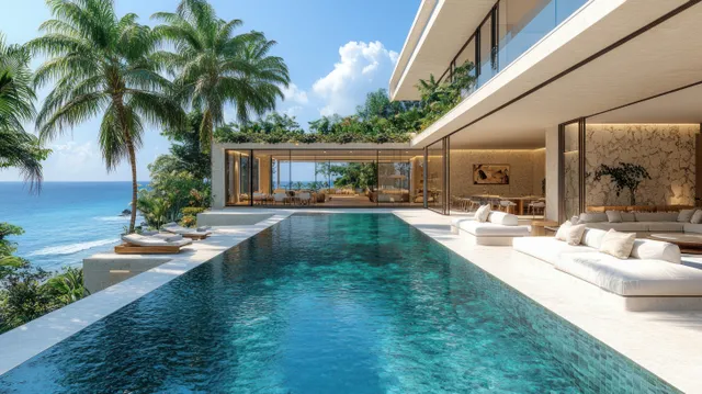 White outdoor sofas line a terrace beside an infinity pool with palm trees overlooking a blue ocean.