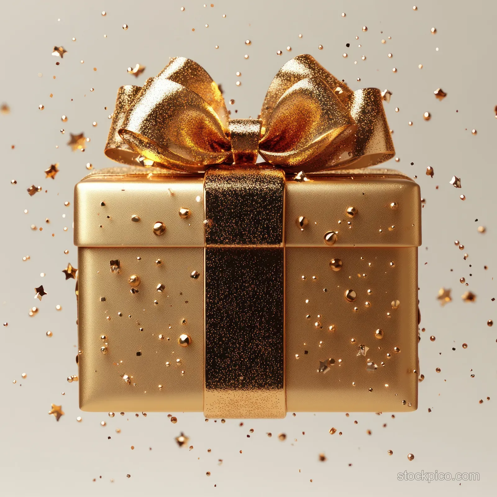 Opened gold gift box with ribbon and bow on a white background with sparkling confetti around it.