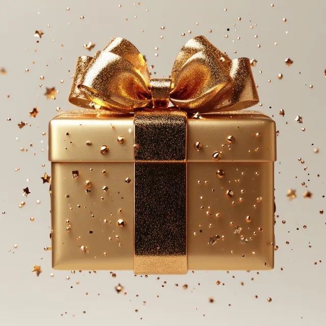 Gold gift box with ribbon and bow, opened on white with sparkling confetti