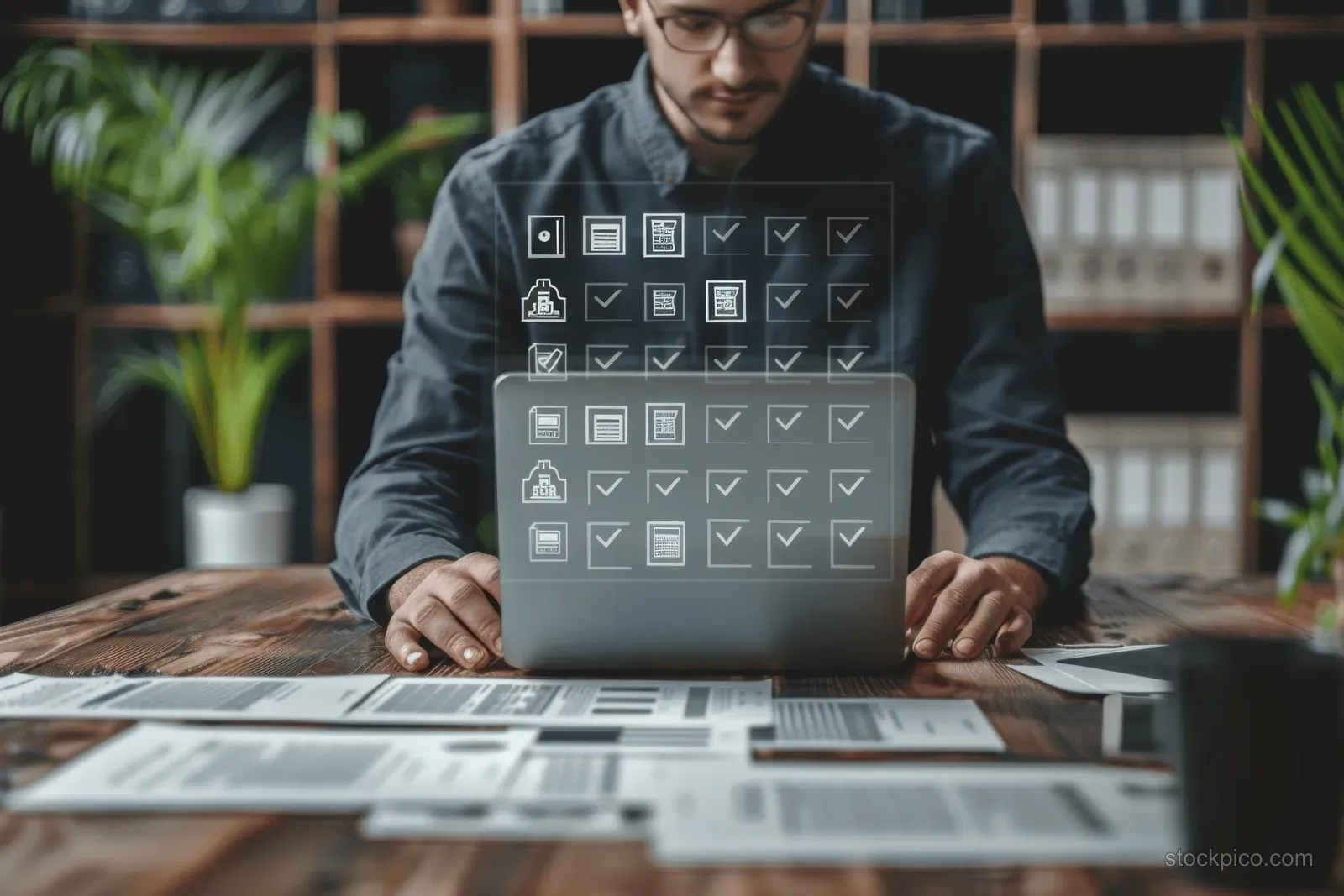 A man reviews a document checklist on a tablet with security icons overlaid in an office setting.