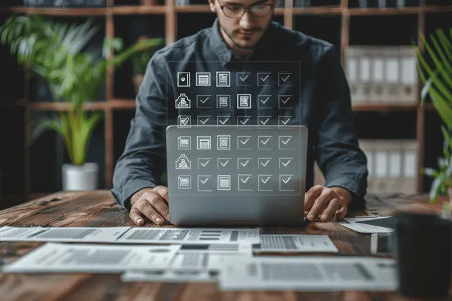 Businessman reviewing encrypted document checklist on tablet with cloud security dashboard