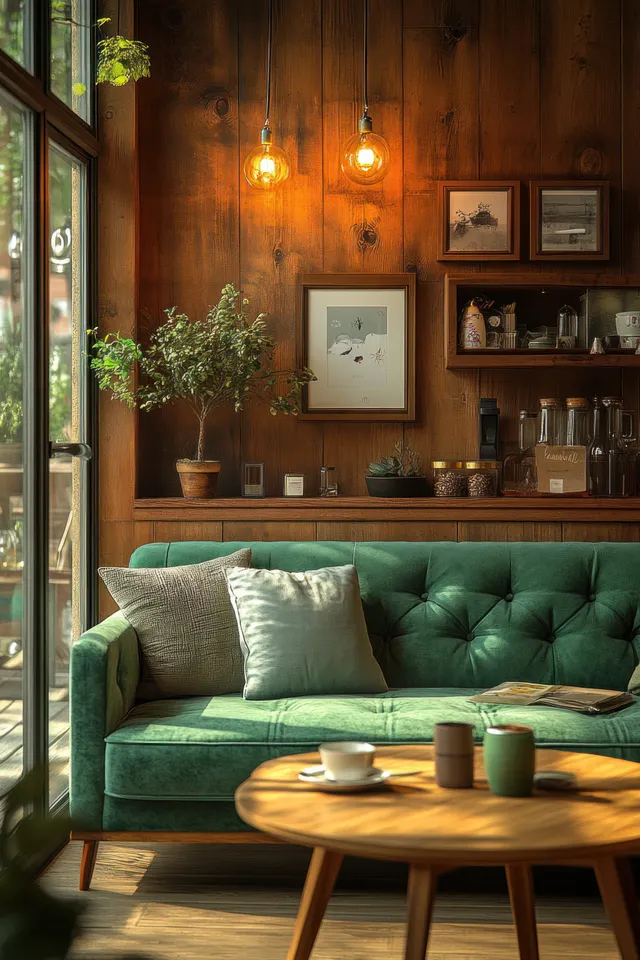 A green sofa and round wooden coffee table in a cozy living room with warm pendant lights and indoor plants.