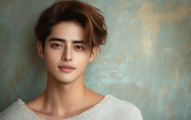 Young Asian man smiling with crossed arms in a softly lit studio portrait against a plain background.