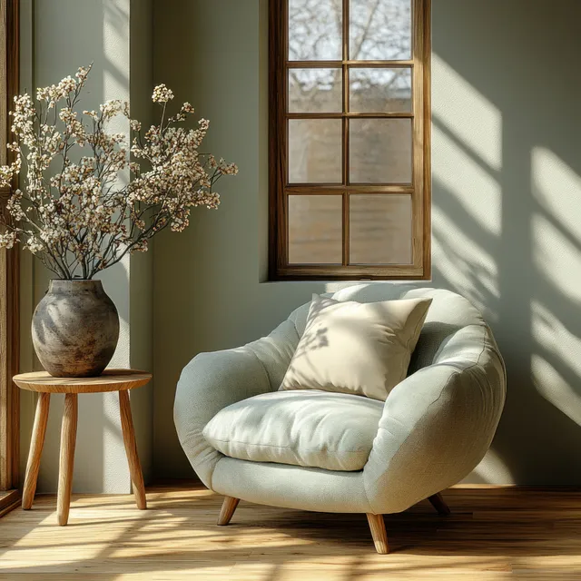 Sunlit minimalist living room with a round sofa, wooden side table, and vase with dried stems by a window.
