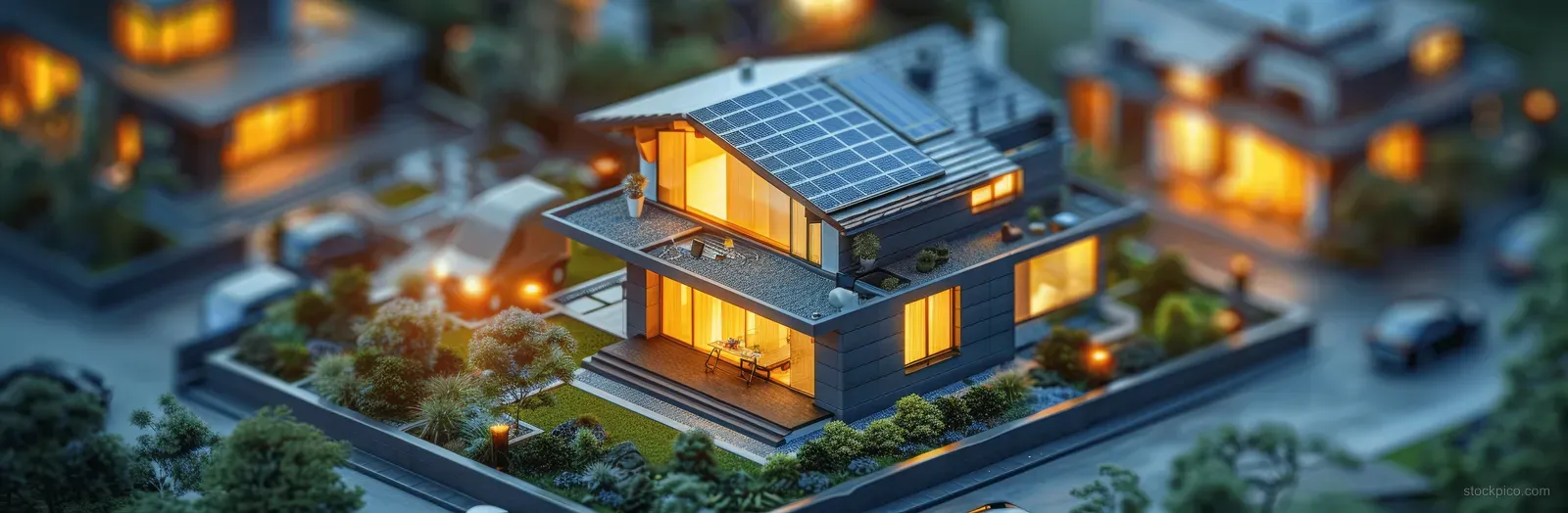 Miniature smart house in an evening city scene with rooftop solar panels and a glowing battery storage unit.