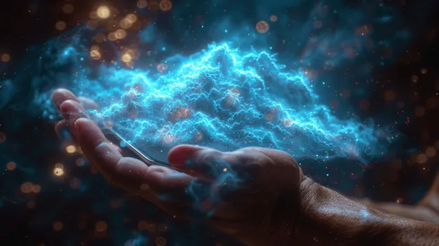 Hands Holding Glowing Cloud Data Network in Dark Technology Background