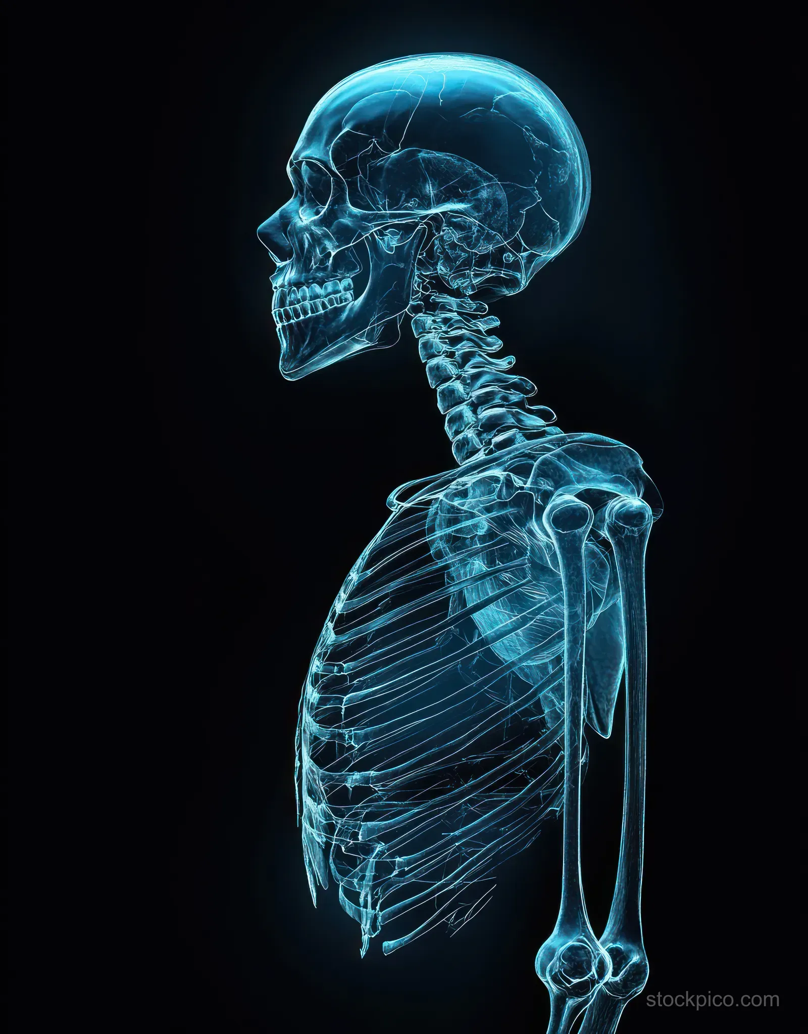 Glow-lit blue male skeleton in three-quarter view with skull, spine, ribs, and joints on a dark background.