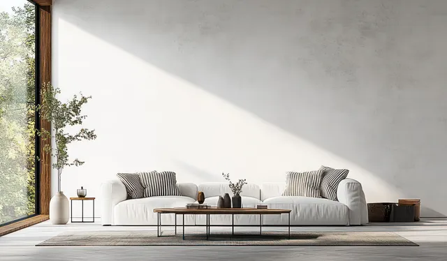 Bright Scandinavian living room with a white sofa, striped cushions, simple coffee table, and large windows in neutral tones.