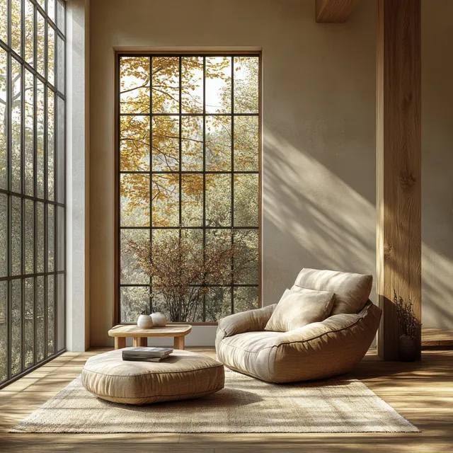 Minimal living room with a lounge chair, round coffee tables, and warm sunlight streaming through a large window.