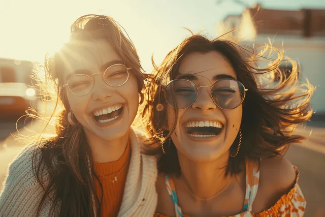 Two young women laughing in sunlight outdoors, wind-blown hair and round glasses