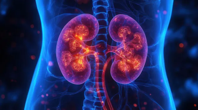 Glowing 3D kidneys with illuminated blood vessels inside a blue medical torso silhouette against a dark background.