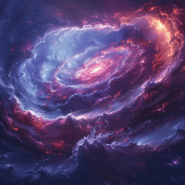 Colorful spiral nebula and stars swirl in deep space with dark lighting and glowing volumetric rays.