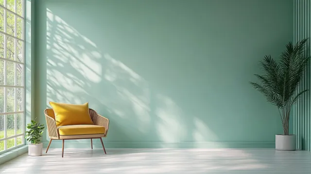 Minimalist living room corner with a yellow armchair against a mint green wall, window light shadows, and a potted plant.