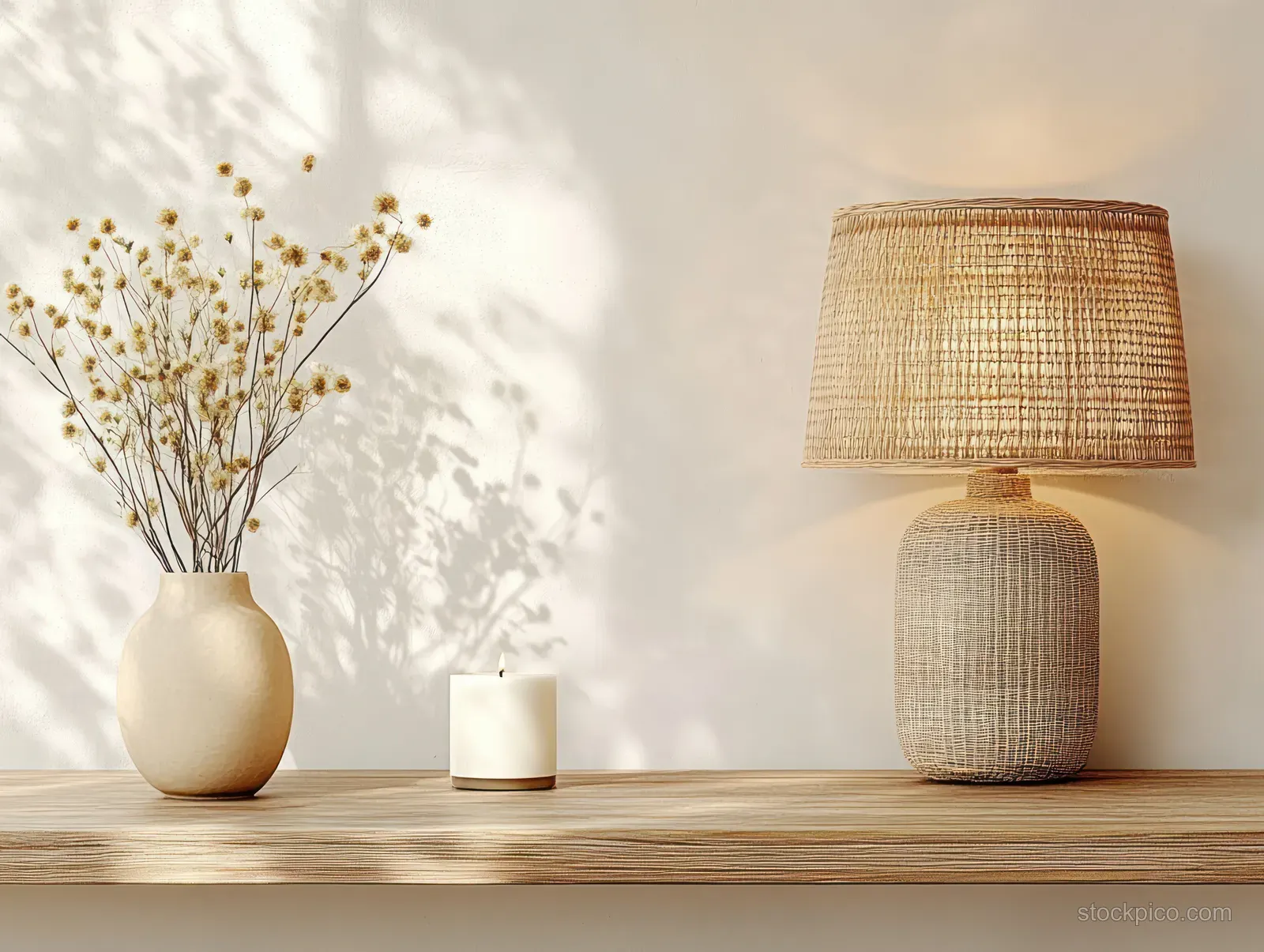 Beige vase with dried flowers, white candle, and woven lamp arranged on a wooden shelf against a light wall.