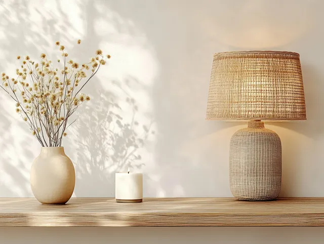 Beige vase with dried flowers, white candle, and woven lamp arranged on a wooden shelf against a light wall.