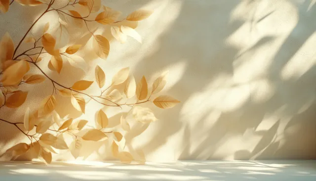Warm sunlight casts soft leaf shadows onto a beige textured wall in a calm interior scene.
